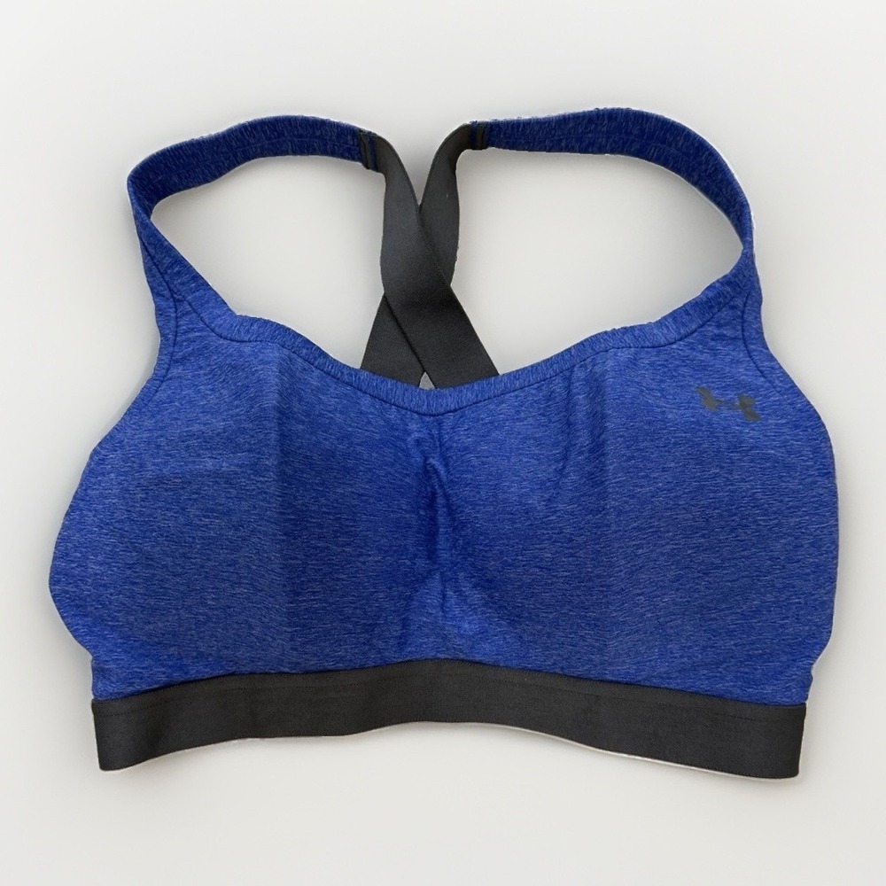 Under Armour HeatGear Sports Bra 32DD Blue Black Crossback Active Gym Sports